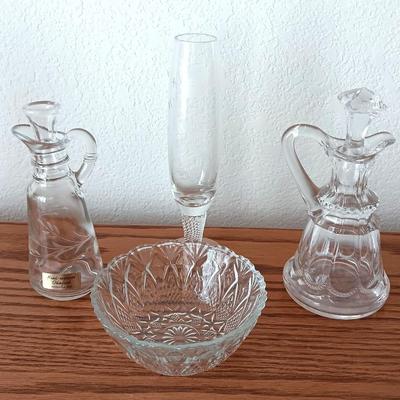 Two glass Cruets with glass stoppers - hand engraved Odingard , a bowl, and a flower vase