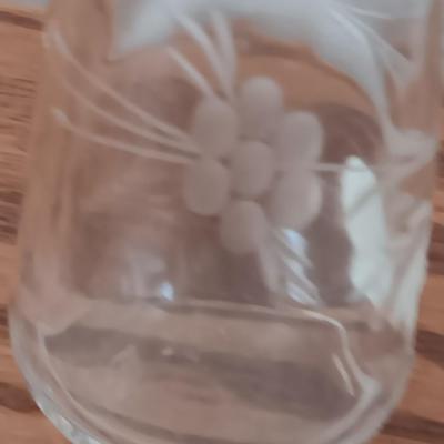 Two glass Cruets with glass stoppers - hand engraved Odingard , a bowl, and a flower vase