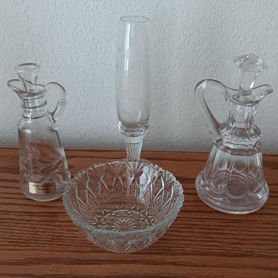 Two glass Cruets with glass stoppers - hand engraved Odingard , a bowl, and a flower vase