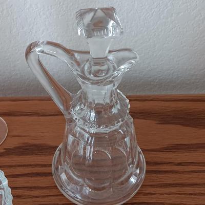 Two glass Cruets with glass stoppers - hand engraved Odingard , a bowl, and a flower vase