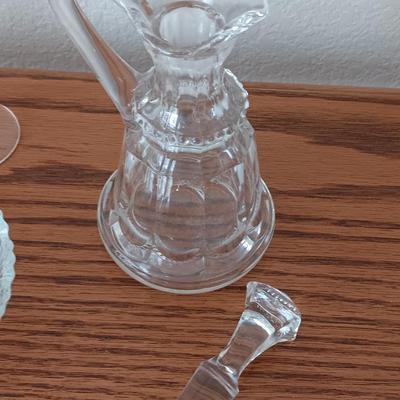 Two glass Cruets with glass stoppers - hand engraved Odingard , a bowl, and a flower vase