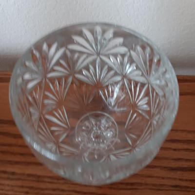 Pedestal egg shaped lidded dish - Heavy crystal apple glass dish - and pressed glass vase