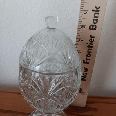 Pedestal egg shaped lidded dish - Heavy crystal apple glass dish - and pressed glass vase