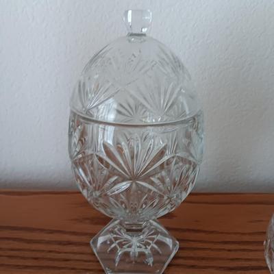Pedestal egg shaped lidded dish - Heavy crystal apple glass dish - and pressed glass vase