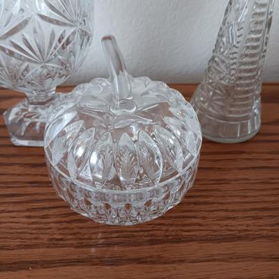 Pedestal egg shaped lidded dish - Heavy crystal apple glass dish - and pressed glass vase