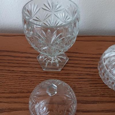 Pedestal egg shaped lidded dish - Heavy crystal apple glass dish - and pressed glass vase
