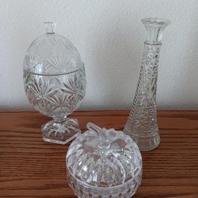 Pedestal egg shaped lidded dish - Heavy crystal apple glass dish - and pressed glass vase