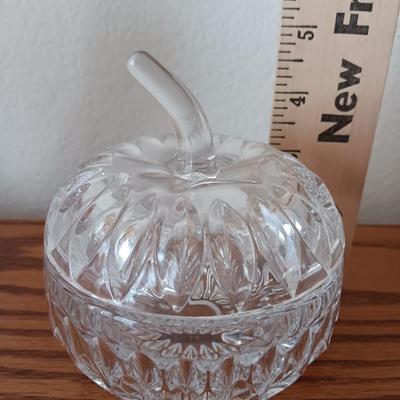 Pedestal egg shaped lidded dish - Heavy crystal apple glass dish - and pressed glass vase