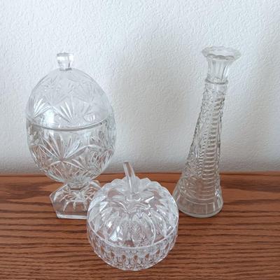 Pedestal egg shaped lidded dish - Heavy crystal apple glass dish - and pressed glass vase