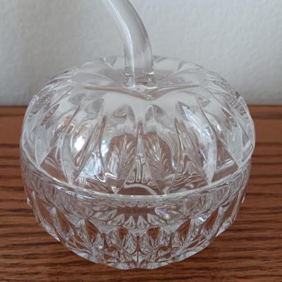 Pedestal egg shaped lidded dish - Heavy crystal apple glass dish - and pressed glass vase