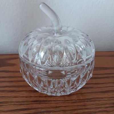 Pedestal egg shaped lidded dish - Heavy crystal apple glass dish - and pressed glass vase