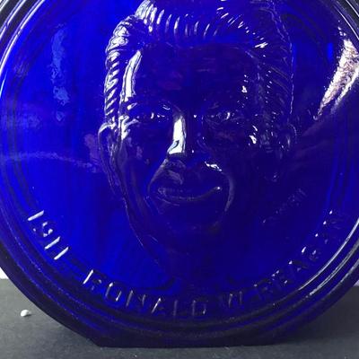 LOT 37B: Blue & Green Glass Collection - Ronald Reagan Wheaton Bottle, Jamestown Paperweight, Yorktown National Battlefield Paperweight,...