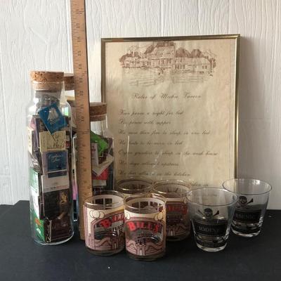 LOT 40B: Bar Collection - Framed Tavern Rules, Bill's Private Bar Double Old Fashioned Glasses, Arsenic & Iodine Cocktail Glasses & Jars...