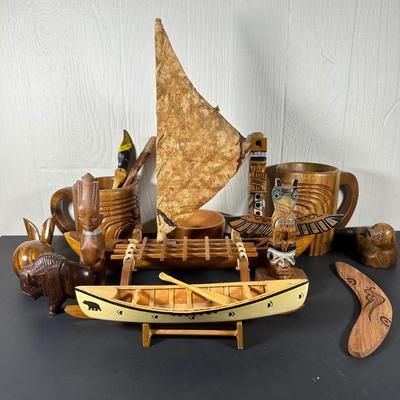 LOT 55B: Wooden Collectables / Souvenirs - Australian Boomerang, Hand Carved Mugs, & More