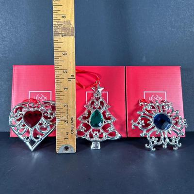 LOT 61G: Lenox Silver Plated Bejeweled Christmas Ornaments w/ Box (3)
