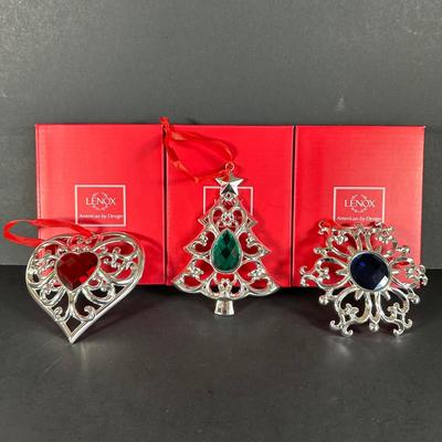 LOT 61G: Lenox Silver Plated Bejeweled Christmas Ornaments w/ Box (3)