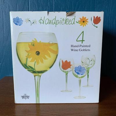 LOT 90 G: Wine Bar Collection: Hanging Wooden Wine Glass Rack, 4 Hand Painted Floral Wine Glasses In Box, & More