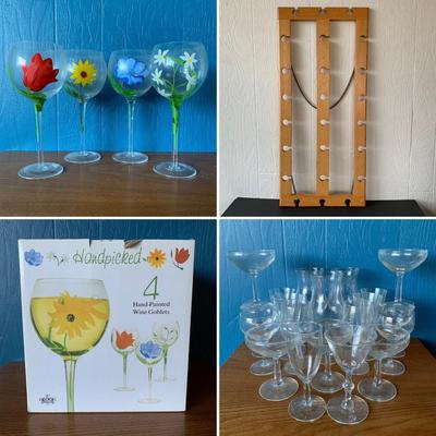 LOT 90 G: Wine Bar Collection: Hanging Wooden Wine Glass Rack, 4 Hand Painted Floral Wine Glasses In Box, & More