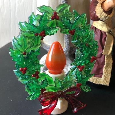 LOT 198F: Vintage Framed Santa Print, Magnets, Nesting Santa, Wreath Nightlight & More Christmas Decor