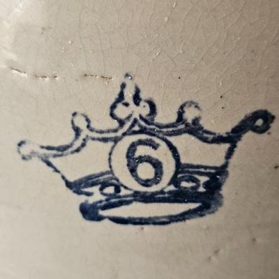 Antique 6 Gallon Large crock with lid Red handles Blue Crown Ransbottom!