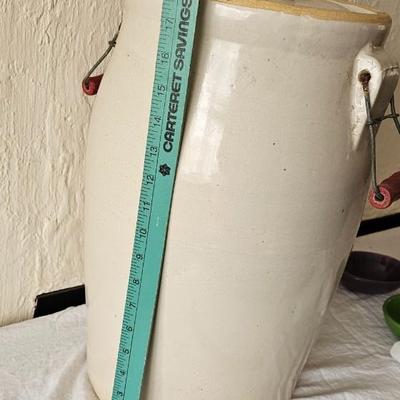 Antique 6 Gallon Large crock with lid Red handles Blue Crown Ransbottom!