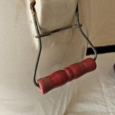 Antique 6 Gallon Large crock with lid Red handles Blue Crown Ransbottom!