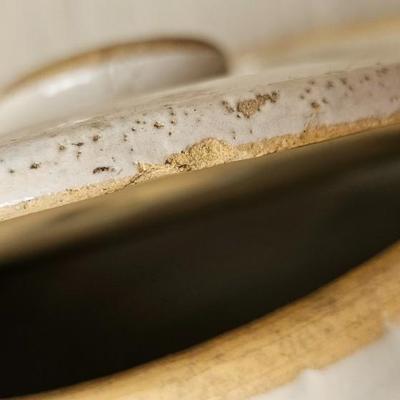 Antique 6 Gallon Large crock with lid Red handles Blue Crown Ransbottom!