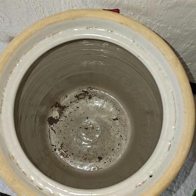 Antique 6 Gallon Large crock with lid Red handles Blue Crown Ransbottom!