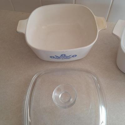 Blue cornflower Corning ware 1.5 Qt and one corning ware - like white casserole dish with lid