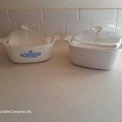 Blue cornflower Corning ware 1.5 Qt and one corning ware - like white casserole dish with lid