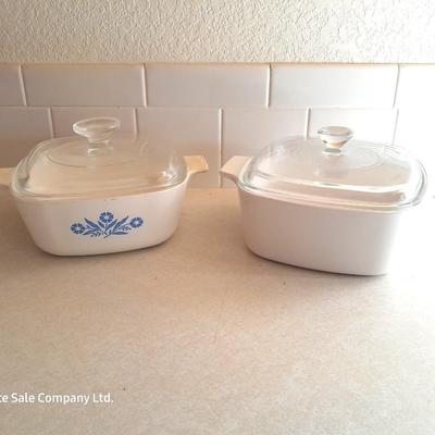 Blue cornflower Corning ware 1.5 Qt and one corning ware - like white casserole dish with lid