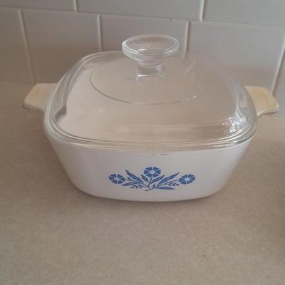 Blue cornflower Corning ware 1.5 Qt and one corning ware - like white casserole dish with lid