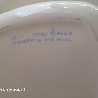 Blue cornflower Corning ware 1.5 Qt and one corning ware - like white casserole dish with lid