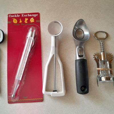 Kitchen Utensils - Meat and candy thermometers - nice ice cream scoop - melon scoop and a wine opener