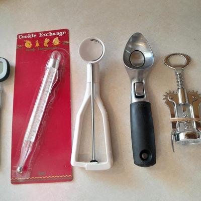 Kitchen Utensils - Meat and candy thermometers - nice ice cream scoop - melon scoop and a wine opener