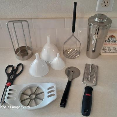 Kitchen Utensils -pizza cutter - garlic grinder - scissors - masher - drink mixing cup and more