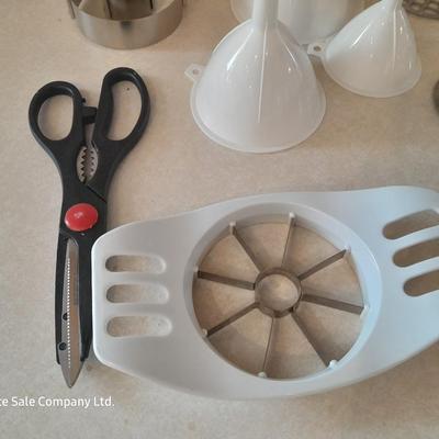 Kitchen Utensils -pizza cutter - garlic grinder - scissors - masher - drink mixing cup and more