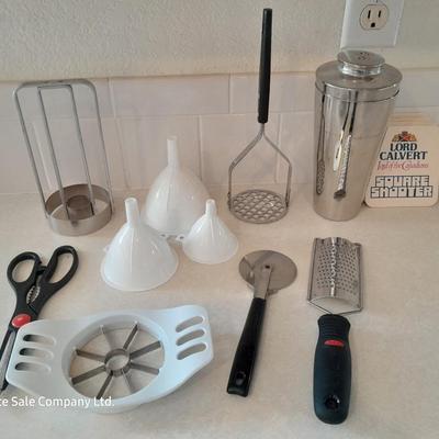 Kitchen Utensils -pizza cutter - garlic grinder - scissors - masher - drink mixing cup and more