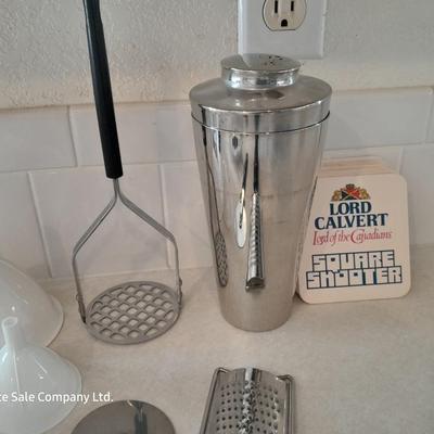 Kitchen Utensils -pizza cutter - garlic grinder - scissors - masher - drink mixing cup and more