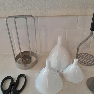 Kitchen Utensils -pizza cutter - garlic grinder - scissors - masher - drink mixing cup and more