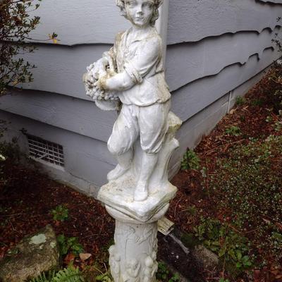 Concrete Garden Statute Young Child Carrying Basket on Pedestal