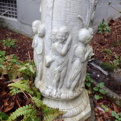Concrete Garden Statute Young Child Carrying Basket on Pedestal