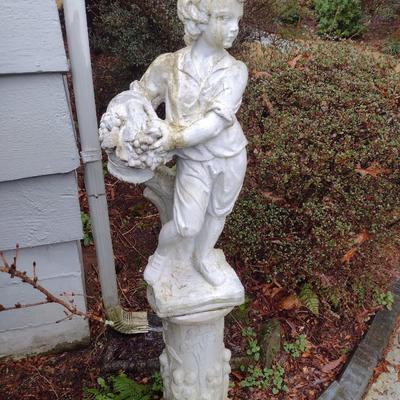 Concrete Garden Statute Young Child Carrying Basket on Pedestal