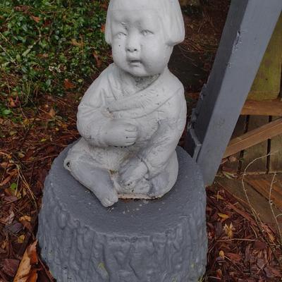Concrete Garden Statue Asian Girl Sitting on Concrete Plant Pot