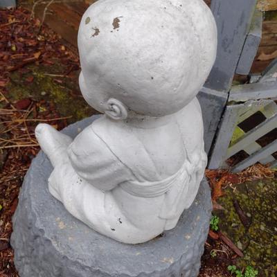 Concrete Garden Statue Asian Boy Sitting on Concrete Plant Pot