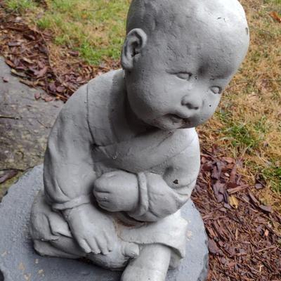 Concrete Garden Statue Asian Boy Sitting on Concrete Plant Pot