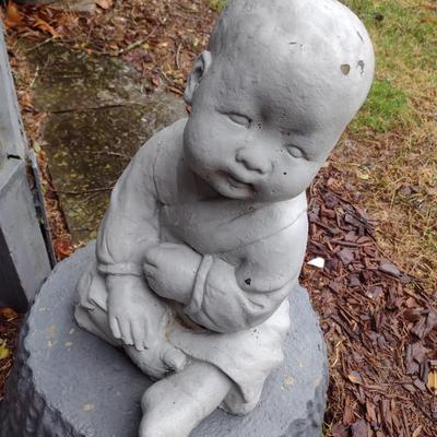 Concrete Garden Statue Asian Boy Sitting on Concrete Plant Pot