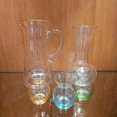 Bodum Pitcher and Three Small Colored Vases (LR-DW)