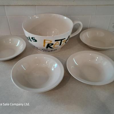 Large chip - popcorn - Peanuts - Pretzel serving bowl mug with 4 smaller bowls.