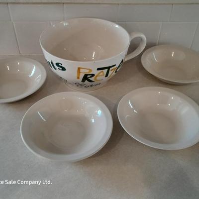 Large chip - popcorn - Peanuts - Pretzel serving bowl mug with 4 smaller bowls.